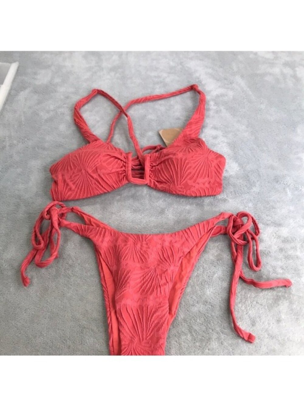 Berlook Coral Textured U Ring Bikini Top & String Bottom L New